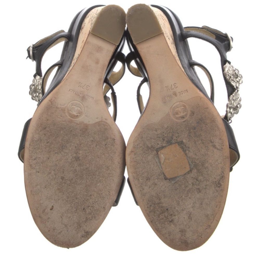 Chanel Black/Silver Camellia Leather Slingback Cork Platform Sandals 7 (37.5) - Picture 9 of 11
